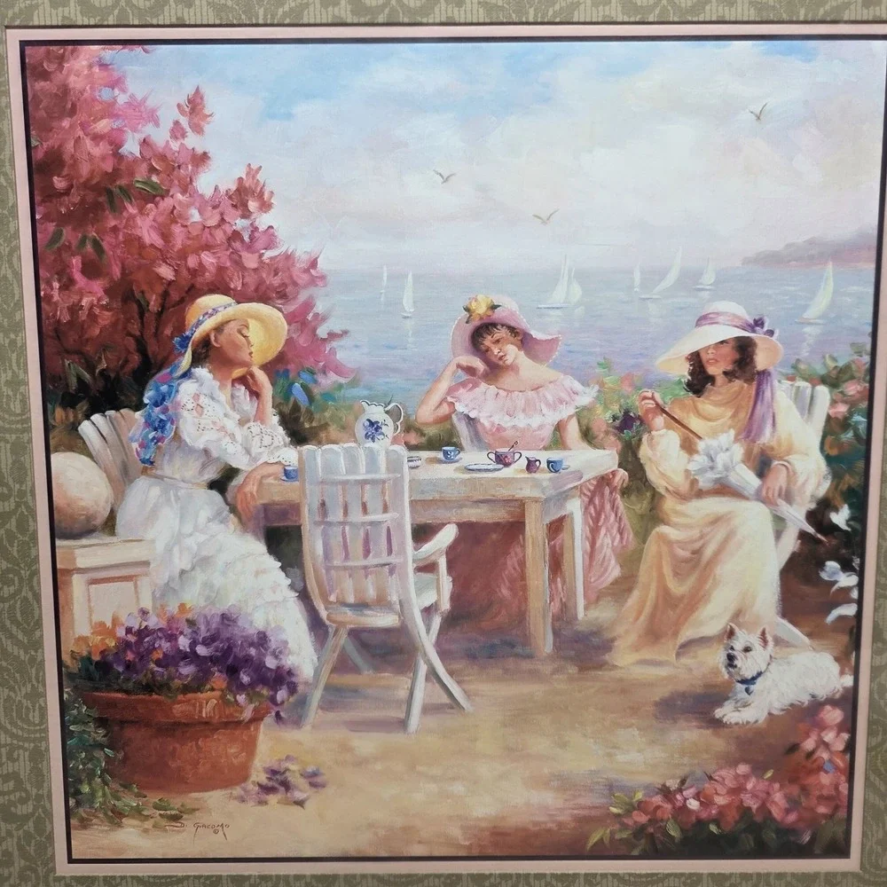 Vintage VICTORIAN LADIES TEA BY SEASHORE PICTURE - Framed And Matted - 27